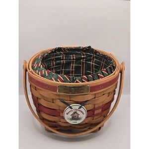1994 Longaberger Jingle Bell Christmas Basket Brown & Red w/ Liner And Protector